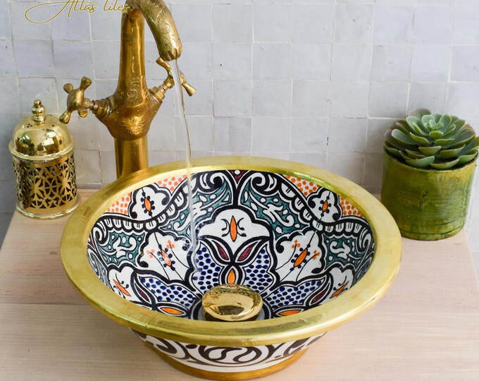 Ceramic Sink Basin Brass Edge For Bathroom 100% Handmade,Vessel Sink,Custom Sink Vanity,Pottery Handmade Sinks for Bathroom Decoration.