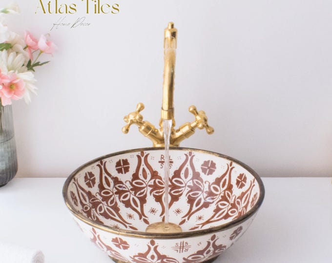 Ceramic Sink Basin Brass Edge For Bathroom 100% Handmade,Vessel Sink,Custom Sink Vanity,Pottery Handmade Sinks for Bathroom Decoration.