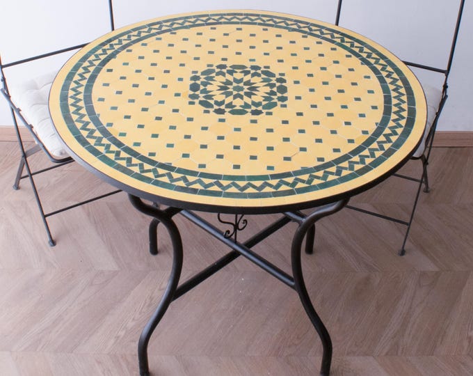 White/ Beige Mosaic Table for Outdoor Patio 100% Handmade,Round Mosaic Table,Ceramic Table,Customizable Table,Dinner Coffee Table