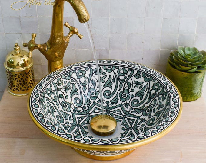Ceramic Sink Basin Brass Edge For Bathroom 100% Handmade,Vessel Sink,Custom Sink Vanity,Pottery Handmade Sinks for Bathroom Decoration.