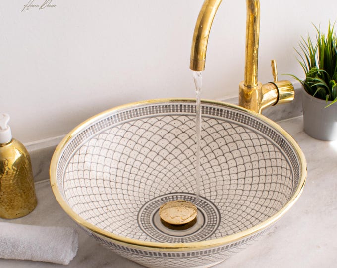 Ceramic Sink Basin Brass Edge For Bathroom 100% Handmade,Vessel Sink,Custom Sink Vanity,Pottery Handmade Sinks for Bathroom Decoration.