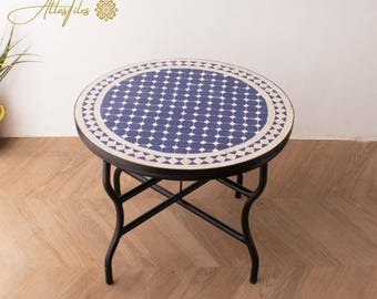 White/ Beige Mosaic Table for Outdoor Patio 100% Handmade,Round Mosaic Table,Ceramic Table,Customizable Table,Dinner Coffee Table