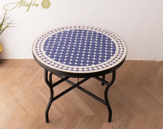 White/ Beige Mosaic Table for Outdoor Patio 100% Handmade,Round Mosaic Table,Ceramic Table,Customizable Table,Dinner Coffee Table
