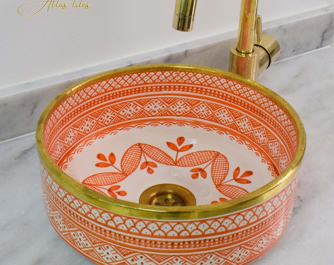 Ceramic Sink Basin Brass Edge For Bathroom 100% Handmade,Vessel Sink,Custom Sink Vanity,Pottery Handmade Sinks for Bathroom Decoration.