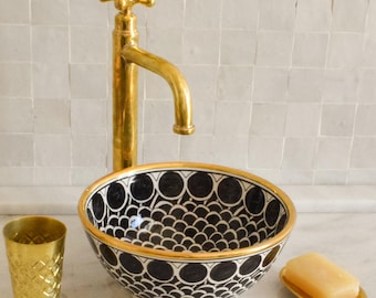 Ceramic Sink Basin Brass Edge For Bathroom 100% Handmade,Vessel Sink,Custom Sink Vanity,Pottery Handmade Sinks for Bathroom Decoration.