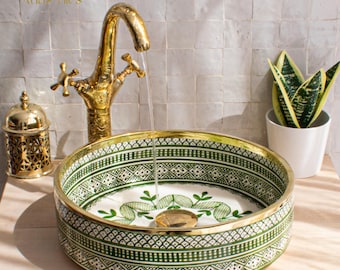 Green Ceramic Sink Basin Brass Edge For Bathroom 100% Handmade,Vessel Sink,Custom Sink Vanity,Pottery Handmade Sinks for Bathroom Decoration