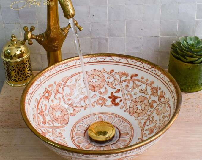 Ceramic Sink Basin Brass Edge For Bathroom 100% Handmade,Vessel Sink,Custom Sink Vanity,Pottery Handmade Sinks for Bathroom Decoration.