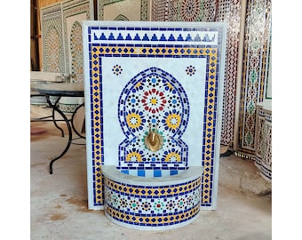 Garden Mosaic Fountain for Outdoor Patio 100%Handmade,Andalusian Tile Artwork,Wall Mounted Fountain, Handmade Fountain,Patio Decor