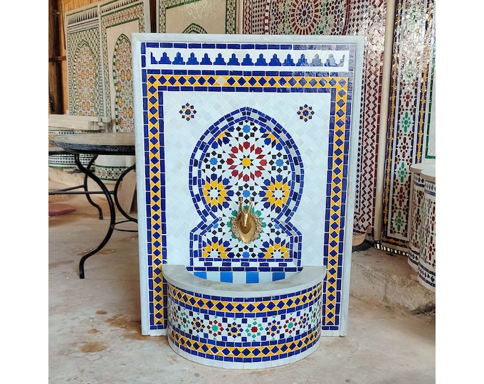 Garden Mosaic Fountain for Outdoor Patio 100%Handmade,Andalusian Tile Artwork,Wall Mounted Fountain, Handmade Fountain,Patio Decor