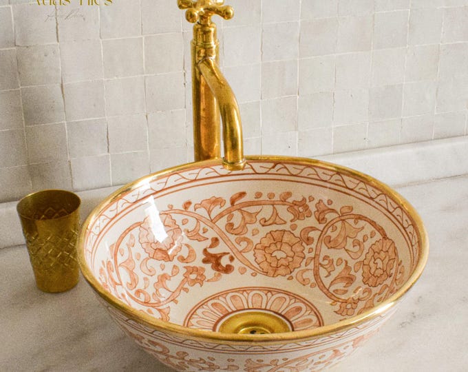 Ceramic Sink Basin Brass Edge For Bathroom 100% Handmade,Vessel Sink,Custom Sink Vanity,Pottery Handmade Sinks for Bathroom Decoration.