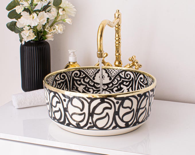 Ceramic Sink Basin Brass Edge For Bathroom 100% Handmade,Vessel Sink,Custom Sink Vanity,Pottery Handmade Sinks for Bathroom Decoration.
