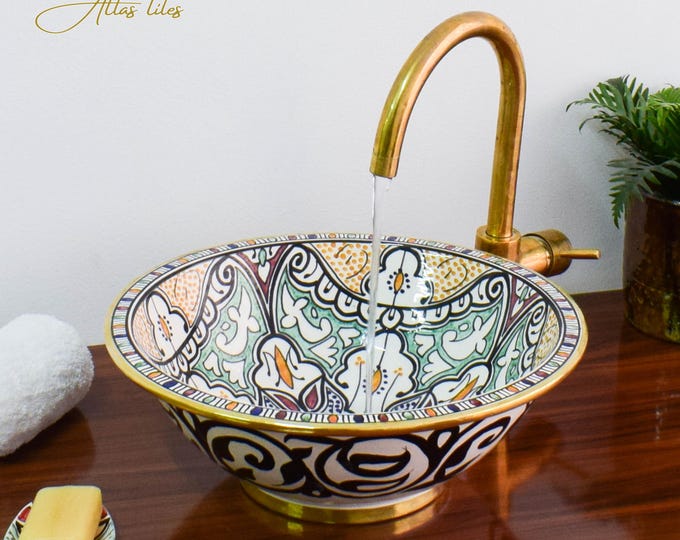Ceramic Sink 14 Karat Gold for Bathroom 100% Handmade,Vessel Sink,Custom Sink Vanity,Pottery Handmade Sinks for Bathroom Decoration.
