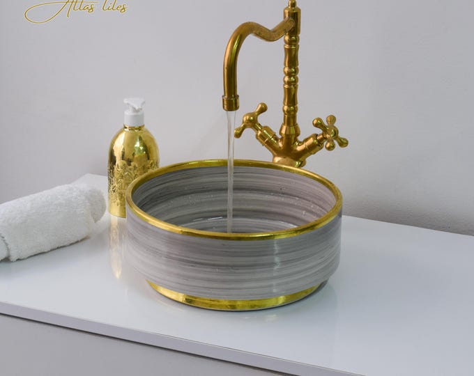 Ceramic Sink Basin Brass Edge For Bathroom 100% Handmade,Vessel Sink,Custom Sink Vanity,Pottery Handmade Sinks for Bathroom Decoration.