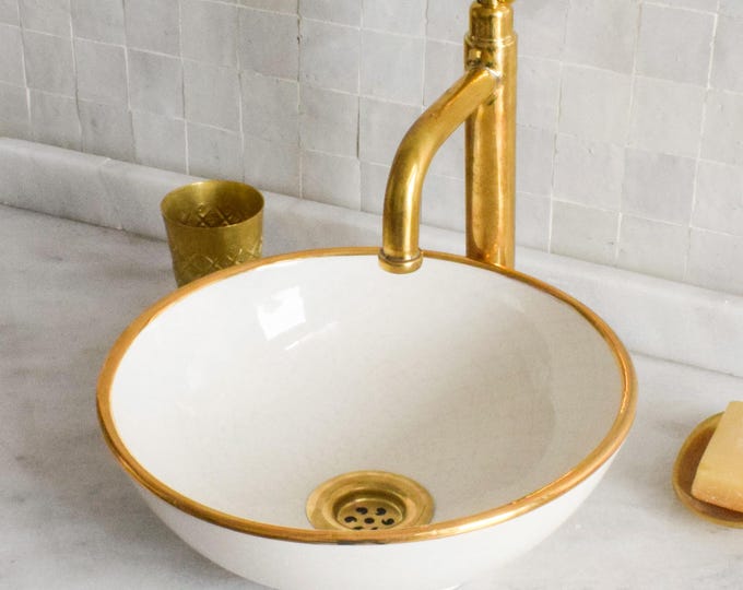 Ceramic Sink Basin Brass Edge For Bathroom 100% Handmade,Vessel Sink,Custom Sink Vanity,Pottery Handmade Sinks for Bathroom Decoration.