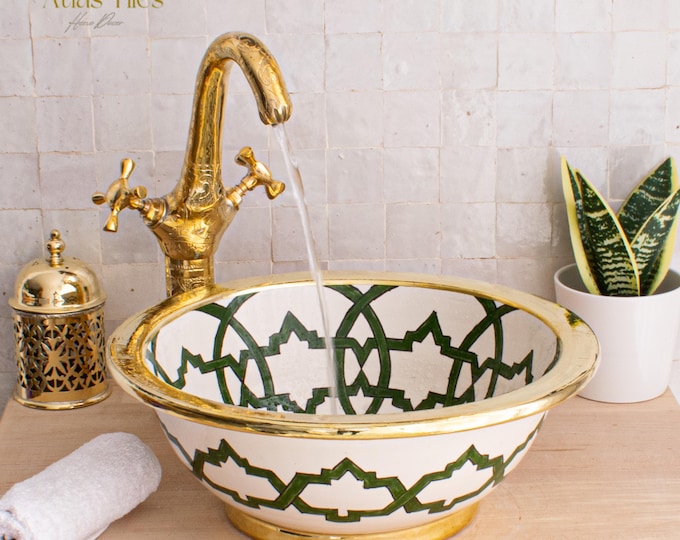 Ceramic Sink Basin Brass Edge For Bathroom 100% Handmade,Vessel Sink,Custom Sink Vanity,Pottery Handmade Sinks for Bathroom Decoration.