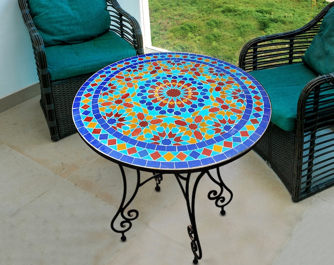 Mosaic Mosaic Table Fpr Garden ,Round Mosaic Table,Ceramic Table,Indoor & Outdoor Mosaic Table,Handcrafted Table,Personalized Mosaic Design