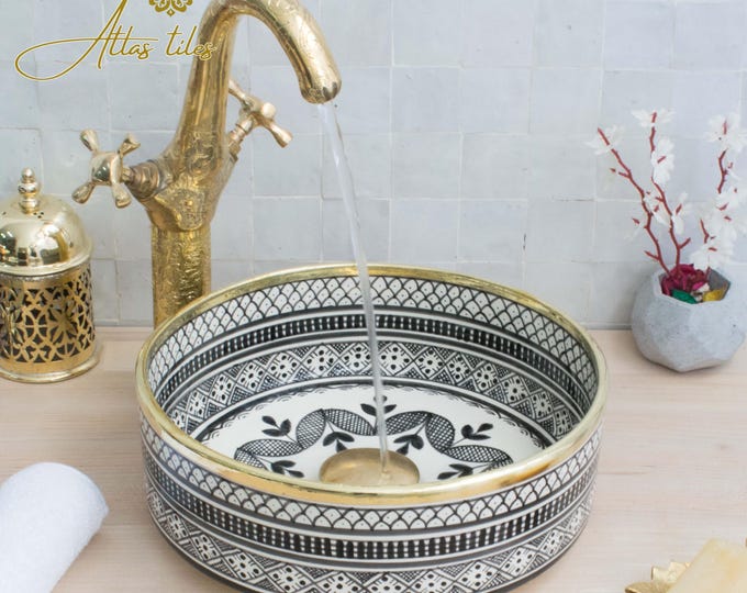 Ceramic Sink Basin Brass Edge For Bathroom 100% Handmade,Vessel Sink,Custom Sink Vanity,Pottery Handmade Sinks for Bathroom Decoration.