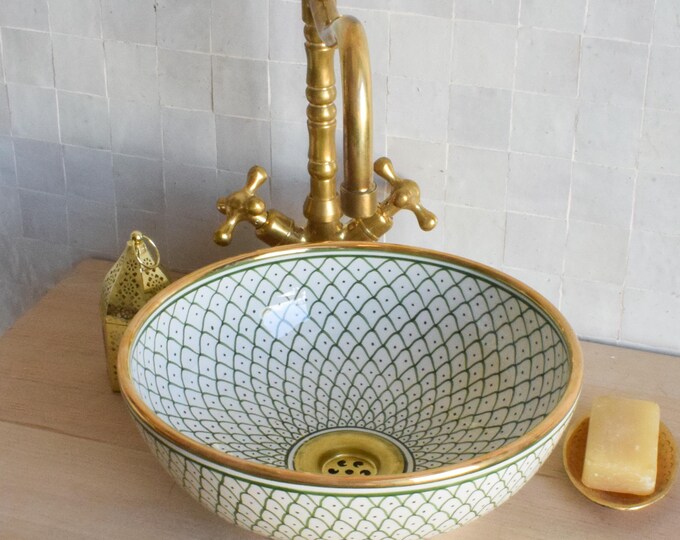 Ceramic Sink Basin Brass Edge For Bathroom 100% Handmade,Vessel Sink,Custom Sink Vanity,Pottery Handmade Sinks for Bathroom Decoration.