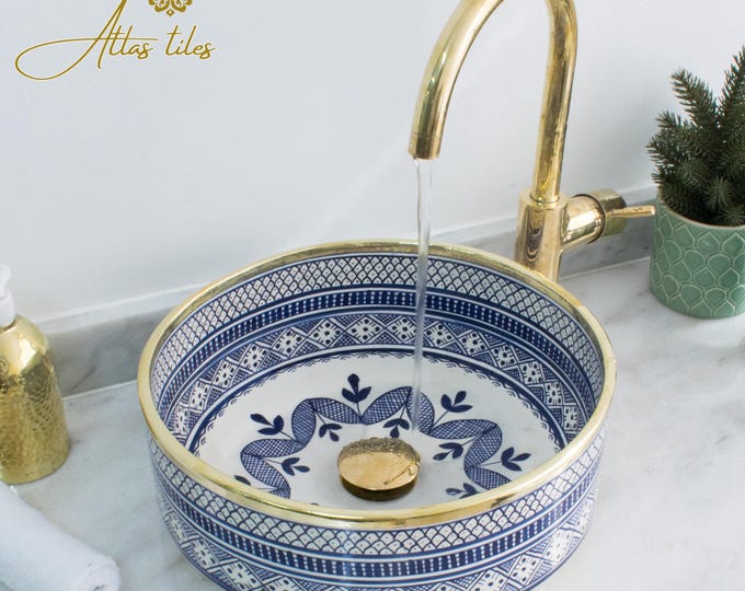 Ceramic Sink Basin Brass Edge For Bathroom 100% Handmade,Vessel Sink,Custom Sink Vanity,Pottery Handmade Sinks for Bathroom Decoration.