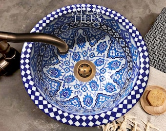 Handmade Ceramic sink White and blue ,Hand painted bathroom ceramic washbasin,Bathroom Equipement,Custom Luxury handmade counter top basin,