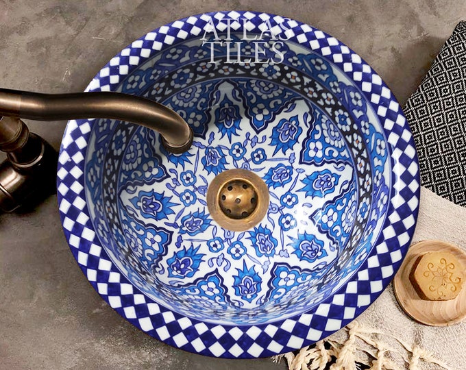 Handmade Ceramic sink White and blue ,Hand painted bathroom ceramic washbasin,Bathroom Equipement,Custom Luxury handmade counter top basin,