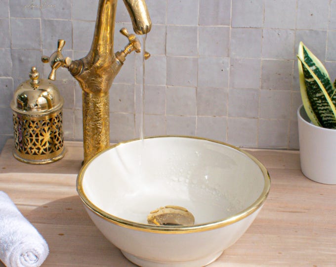 Ceramic Sink Basin Brass Edge For Bathroom 100% Handmade,Vessel Sink,Custom Sink Vanity,Pottery Handmade Sinks for Bathroom Decoration.