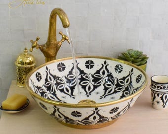 Ceramic Sink Basin Brass Edge For Bathroom 100% Handmade,Vessel Sink,Custom Sink Vanity,Pottery Handmade Sinks for Bathroom Decoration.