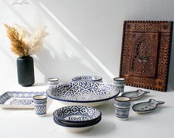 4 Person Blue of Fez Handmade Serving Set, Genuine Moroccan Hand Painted Ceramic Dinnerware Set, Dining sets, Tableware Collection,