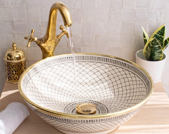 Ceramic Sink Basin Brass Edge For Bathroom 100% Handmade,Vessel Sink,Custom Sink Vanity,Pottery Handmade Sinks for Bathroom Decoration.