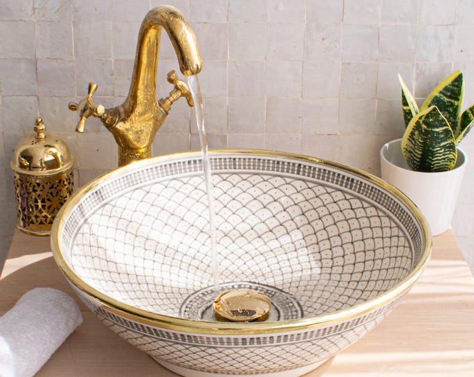Ceramic Sink Basin Brass Edge For Bathroom 100% Handmade,Vessel Sink,Custom Sink Vanity,Pottery Handmade Sinks for Bathroom Decoration.