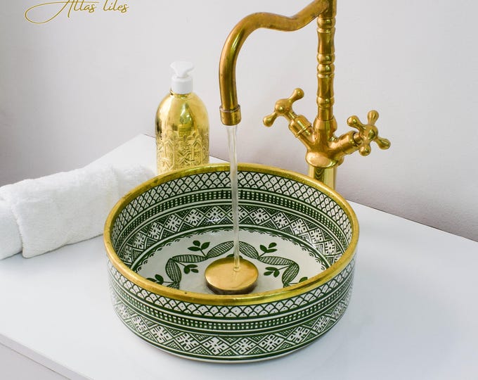 Ceramic Sink Basin Brass Edge For Bathroom 100% Handmade,Vessel Sink,Custom Sink Vanity,Pottery Handmade Sinks for Bathroom Decoration.