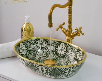 Green Ceramic Sink for Bathroom 100% Handmade,Brass Rim,Vessel Sink,Custom Sink Vanity,Pottery Handmade Sinks for Bathroom Decoration.
