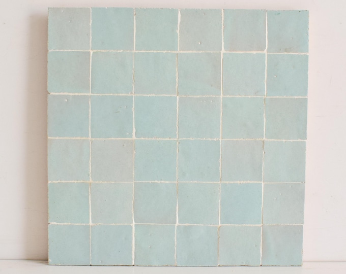 Light Blue Zellige Panel, Authentic Moroccan Handmade 12in x 12in Zellige Panel, Floor & Wall Glazed Solid Color, Backsplash Assembled Tiles