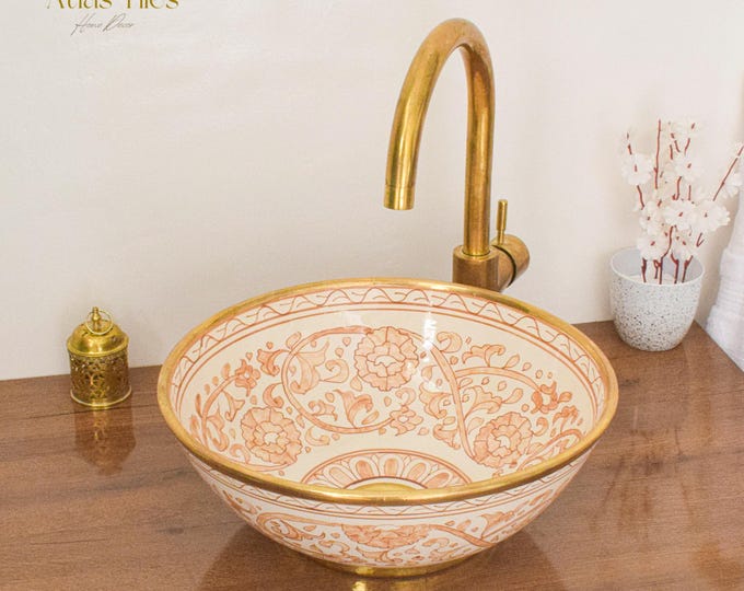 Ceramic Sink Basin Brass Edge For Bathroom 100% Handmade,Vessel Sink,Custom Sink Vanity,Pottery Handmade Sinks for Bathroom Decoration.