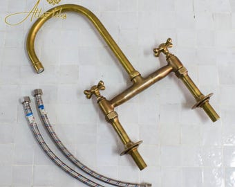 Kitchen Antique Looking Brass Island Faucet, Unlacquered Brass Bridge Kitchen Faucet, 2 Holes Sink Faucet for Kitchen