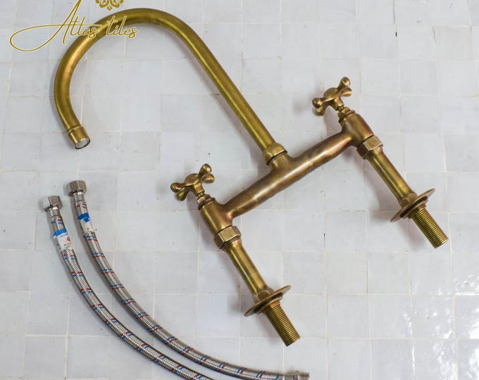 Kitchen Antique Looking Brass Island Faucet, Unlacquered Brass Bridge Kitchen Faucet, 2 Holes Sink Faucet for Kitchen