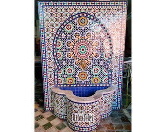 Fancy Mosaic Fountain for Outdoor Patio,Mid-Age Wall Water Fountain Memento,Garden Fountain,Moroccan Handmade Zellige,Custom Gifts