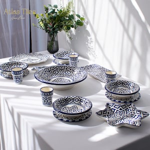 4 Person Blue of Fez Handmade Serving Set, Genuine Moroccan Hand Painted Ceramic Dinnerware Set, Dining sets, Tableware Collection,