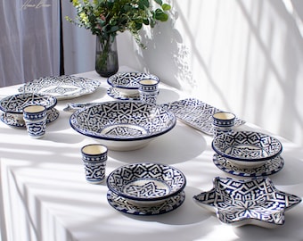4 Person Handmade Serving Set from Morocco, Genuine Moroccan Hand Painted Ceramic Dinnerware Set, Dining sets, Tableware Collection,