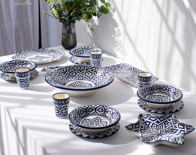 4 Person Blue of Fez Handmade Serving Set, Genuine Moroccan Hand Painted Ceramic Dinnerware Set, Dining sets, Tableware Collection,
