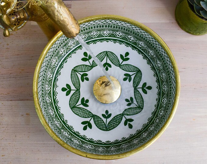 Ceramic Sink Basin Brass Edge For Bathroom 100% Handmade,Vessel Sink,Custom Sink Vanity,Pottery Handmade Sinks for Bathroom Decoration.