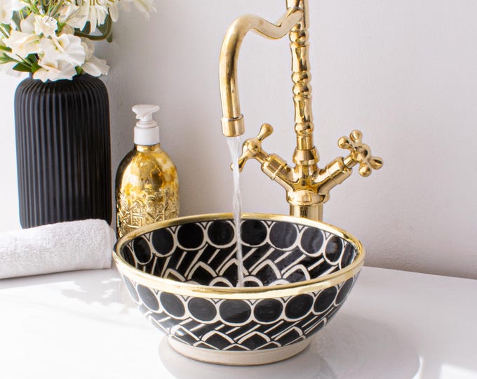 Ceramic Sink Basin Brass Edge For Bathroom 100% Handmade,Vessel Sink,Custom Sink Vanity,Pottery Handmade Sinks for Bathroom Decoration.