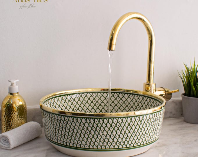 Ceramic Sink Basin Brass Edge For Bathroom 100% Handmade,Vessel Sink,Custom Sink Vanity,Pottery Handmade Sinks for Bathroom Decoration.