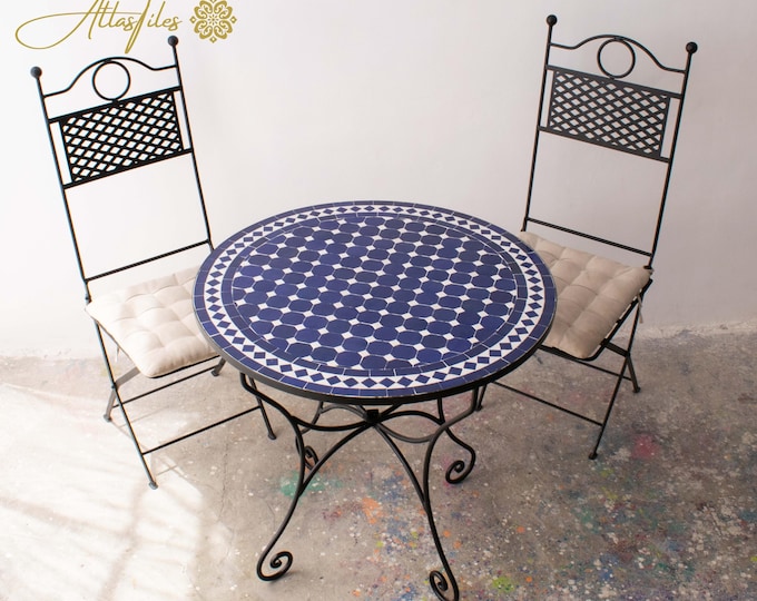 White/ Beige Mosaic Table for Outdoor Patio 100% Handmade,Round Mosaic Table,Ceramic Table,Customizable Table,Dinner Coffee Table