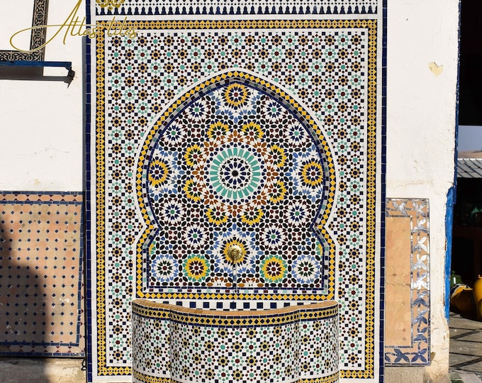 Fancy Mosaic Fountain for Outdoor Patio,Mid-Age Wall Water Fountain Memento,Garden Fountain,Moroccan Handmade Zellige,Custom Gifts