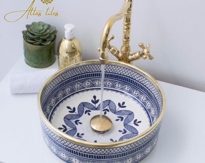 Ceramic Sink Basin Brass Edge For Bathroom 100% Handmade,Vessel Sink,Custom Sink Vanity,Pottery Handmade Sinks for Bathroom Decoration.