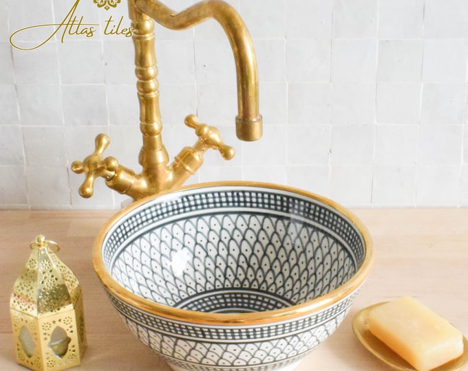 Ceramic Sink Basin Brass Edge For Bathroom 100% Handmade,Vessel Sink,Custom Sink Vanity,Pottery Handmade Sinks for Bathroom Decoration.