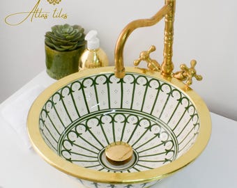 Ceramic Sink Basin Brass Edge For Bathroom 100% Handmade,Vessel Sink,Custom Sink Vanity,Pottery Handmade Sinks for Bathroom Decoration.