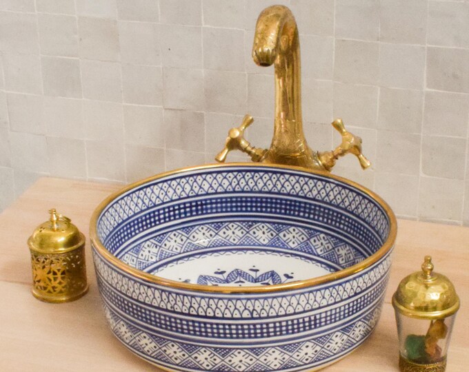 Ceramic Sink Basin Brass Edge For Bathroom 100% Handmade,Vessel Sink,Custom Sink Vanity,Pottery Handmade Sinks for Bathroom Decoration.