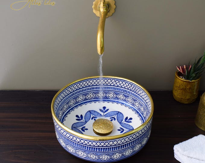 Ceramic Sink Basin Brass Edge For Bathroom 100% Handmade,Vessel Sink,Custom Sink Vanity,Pottery Handmade Sinks for Bathroom Decoration.